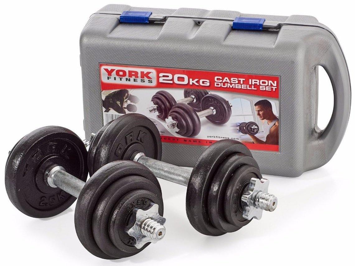 York 20kg Black Cast Iron Dumbell Set in a case