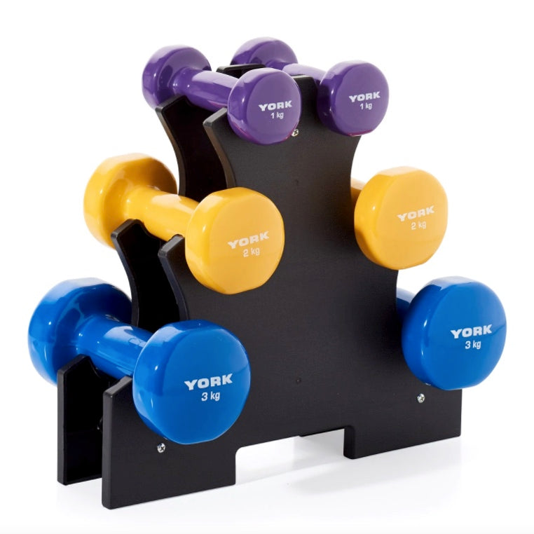 York Fitness Vinyl Dipped Dumbbell 12 KG Set with Stand Best Gym