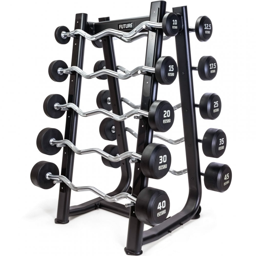 Powercurl Barbell Rack Future Premium EZ Curl Rubber Barbell Set & Rack 10 - 45kg — Best Gym ...
